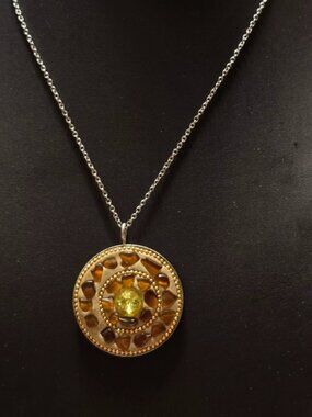 Handmade Mosaic Citrine Stone Round Necklace Basemetal Chain